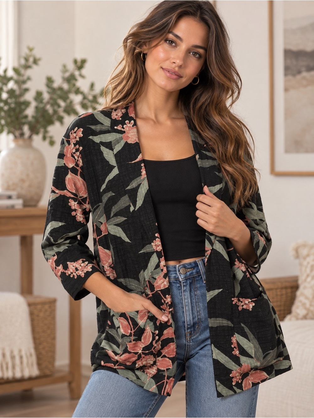 O’Neill Amiee black Floral Lightweight Cardigan Blazer- Size M